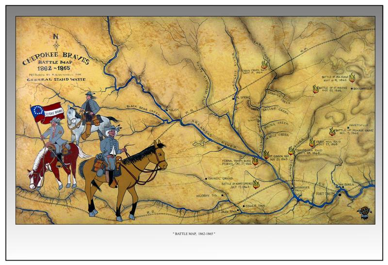 Stand Watie led his cavalry in constant raids against Union Forces during the Civil War.  Despite all of their efforts of the vastly more numerous Union Forces they could never catch or defeat General Watie and his men and his harassment continued until the end of the war.  Ultimately, Stand Watie fought on longer than any other Confederate general of the war.  It was not until June 23, 1865 that he signed a cease-fire agreement with Union Forces at Fort Towson in the Choctaw area of Oklahoma, bringing his troops in to lay down their arms worn and weary but never defeated.